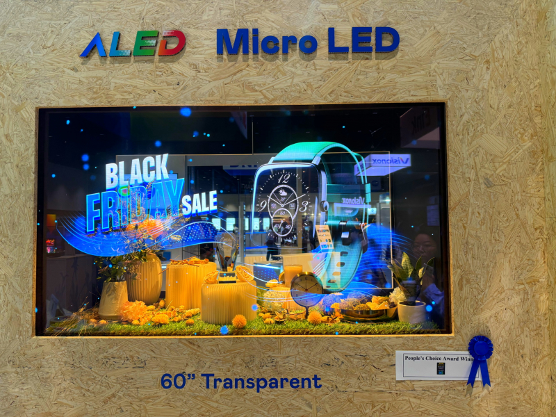 MK体育60吋高透明度Micro LED显示器获”最佳Micro LED技术应用奖”，将Micro LED面板透明化之设计特性极致发挥，以可扩展性无缝拼接技术打造，具备600 nits全画面亮度、大于60%穿透率及超过NTSC 110%的优异广色域表现，可依需求灵活应用于各种场域
